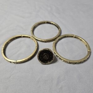 Gold Tone Rhinestone Stretch Bracelet & Statement Ring Set